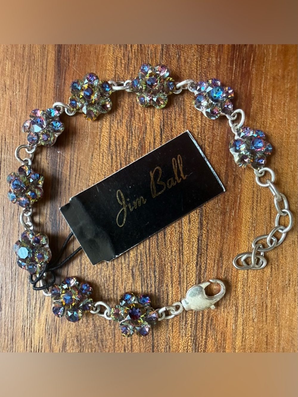 Jim Ball Aurora Borealis AB Flower Bracelet - Iridescent Purple Silver Tone Prom